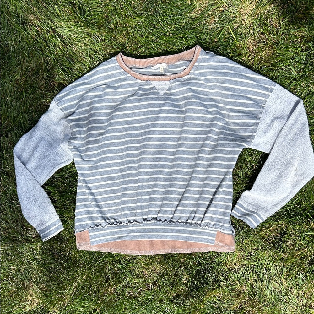 Striped Gray and Tan Women's Crew Neck Sweater